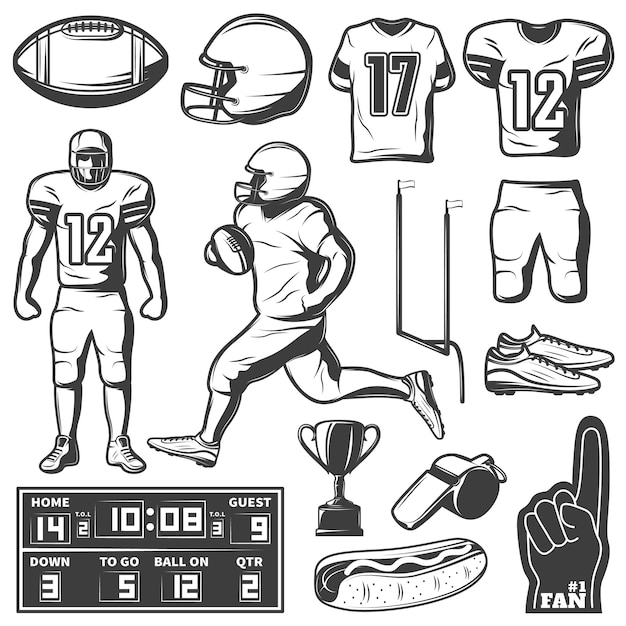 Американский футбол монохромный набор элементов с спортивного инвентаря и одежды игроков трофей пищи изолированные