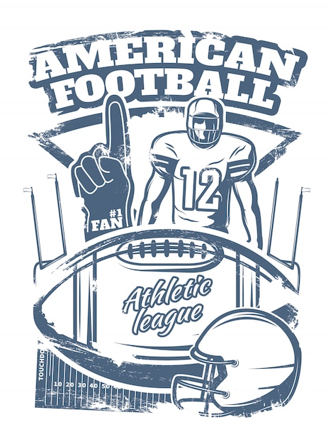 Free vector american football monochrome print with player foam hand sports equipment