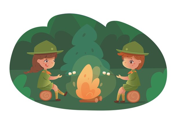 American girl and boys scouts flat illustration Children roasting marshmallows on fire Camping hiking in forest woods Picnic in park School excursion education isolated clipart