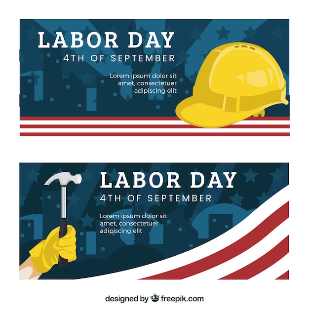 Vettore gratuito bandiere americane del giorno di lavoro con martello e casco