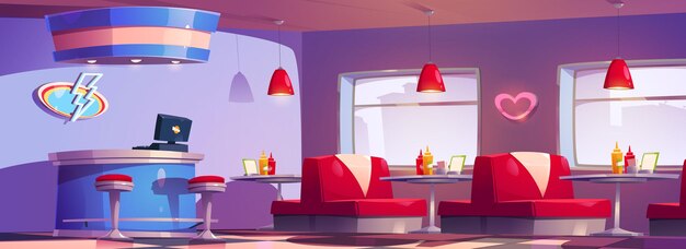 Интерьер американской ретро-закусочной с мебелью Векторная карикатура на традиционный ресторан быстрого питания с кассой, красные диваны, бутылки с горчицей и кетчупом на столах, неоновый светодиодный декор на стене