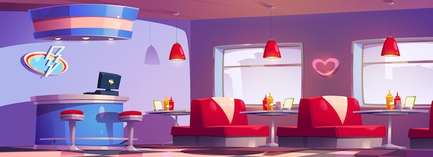 アメリカのレトロなダイナー インテリア家具付きベクトル漫画イラスト、テーブルにレジの赤いソファ マスタードとケチャップのボトルを備えた伝統的なファーストフード レストランのネオン LED 装飾