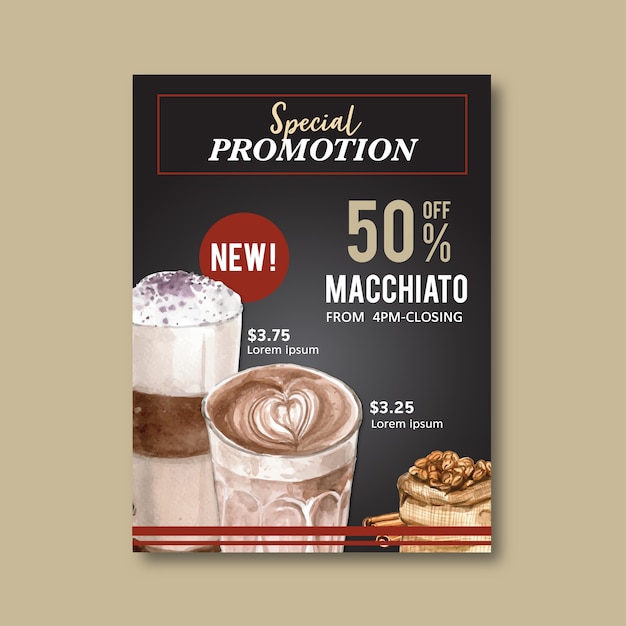 Americano, cappuccino coffee poster discount, template modern, watercolor illustration
