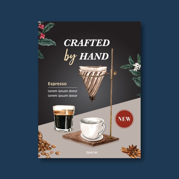 americano, cappuccino coffee poster discount, template modern, watercolor illustration