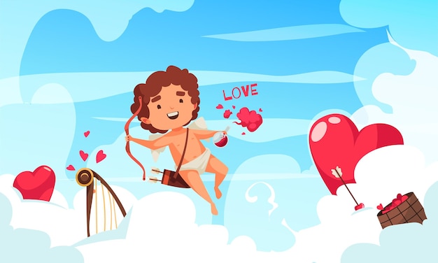 Amur cupid valentine day composition with character of amoretto flying among clouds red hearts and harp