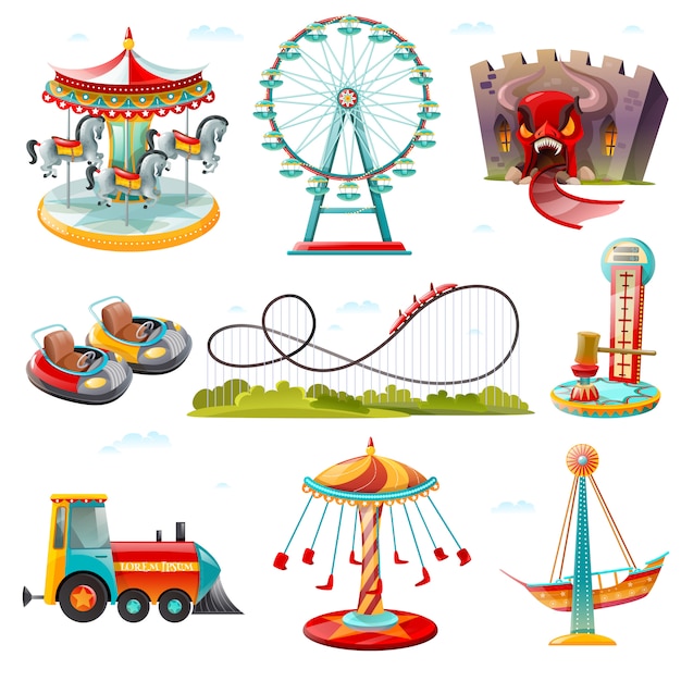 Amusement park attractions flat icons set