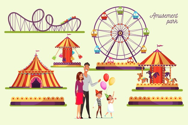 Amusement park attractions illustrations set Merry go round vintage carouse roller coasters ferris wheel swings funfair carnival festival with happy family