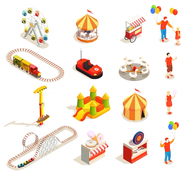 Amusement park attractions and visitors isometric icons set isolated on white  3d 