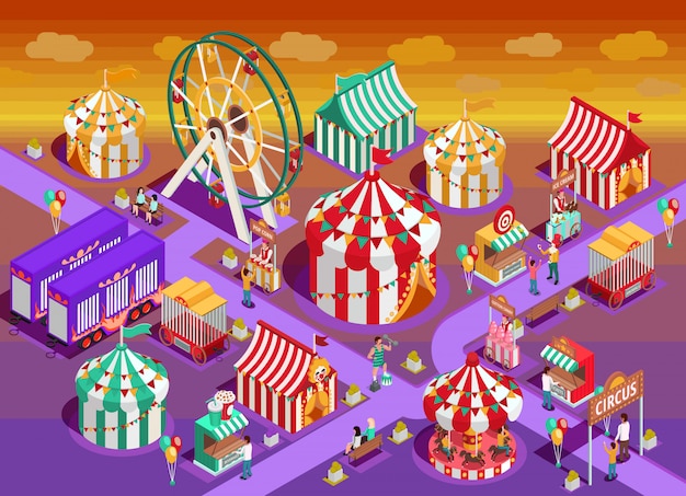 Amusement Park Circus Attractions Isometric Illustration