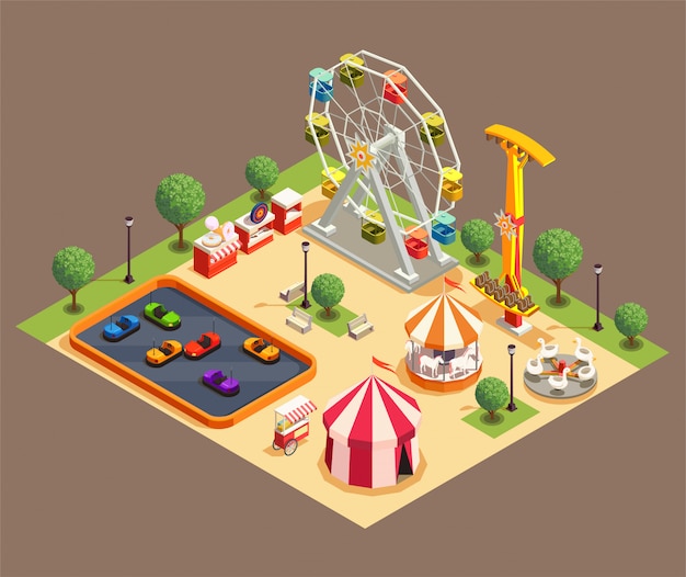 Бесплатное векторное изображение Парк развлечений красочная композиция с цирком и различными аттракционами 3d изометрии