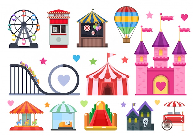 Amusement park colorful objects set with extreme and inflatable attractions circus tent street food isolated vector illusration