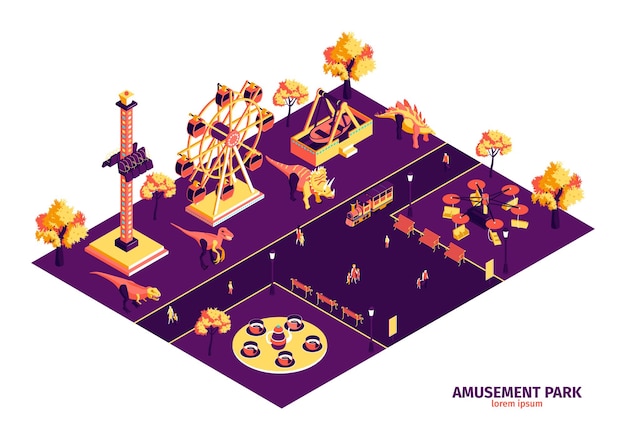 Free vector amusement park concept with dinosaurs and attractions symbols isometric vector illustration