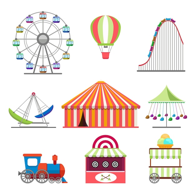 Vettore gratuito icone del parco di divertimenti impostate in stile design piatto