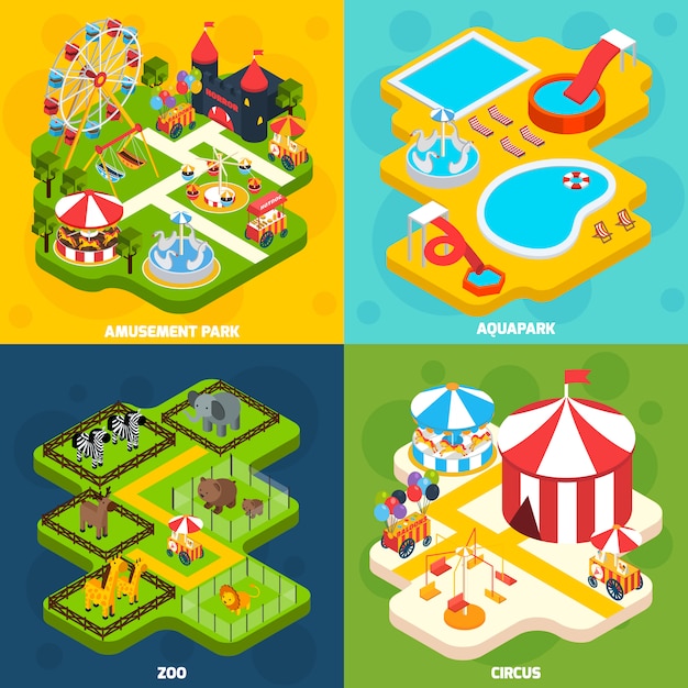 Free vector amusement park isometric 4 icons square