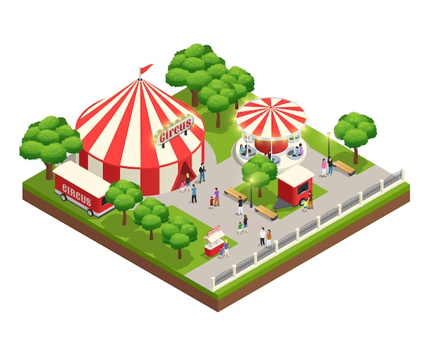 Бесплатное векторное изображение Парк развлечений изометрическая композиция с каруселью цирк-шатер билет кассир киоск и люди с детьми