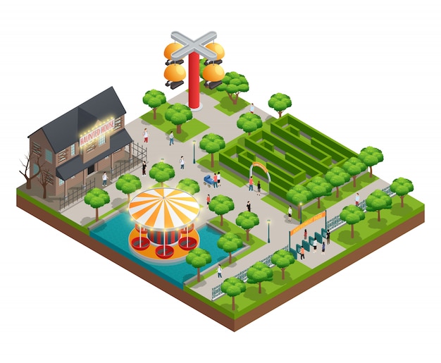 Free vector amusement park isometric concept with haunted house and labyrinth symbols vector illustration