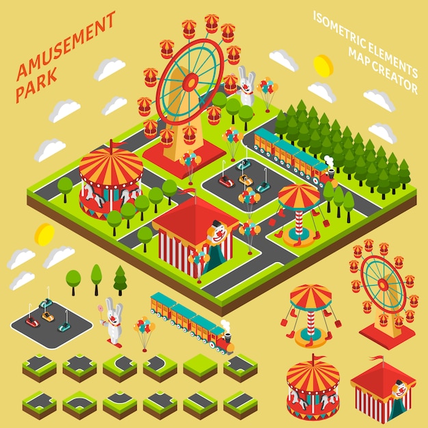 Free vector amusement park isometric map creator composition