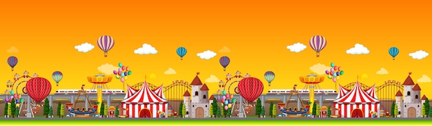 無料ベクター 気球のパノラマと昼間の遊園地のシーン
