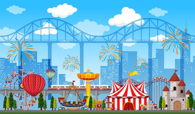 Бесплатное векторное изображение Сцена в парке развлечений в дневное время с фейерверком в небе