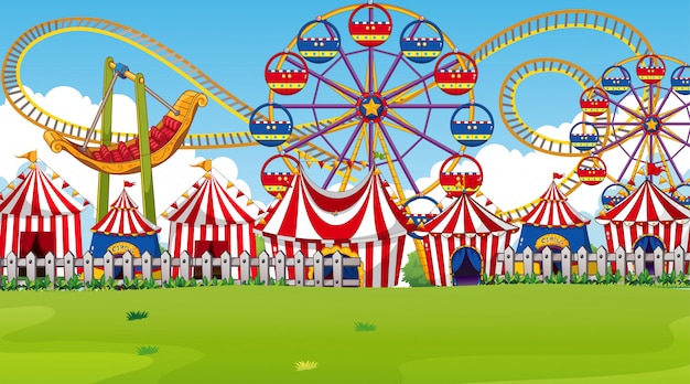 Free vector amusement park scene or background with rides and circus tents