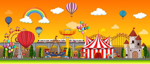 Amusement park scene at daytime with balloons and rainbow in the sky