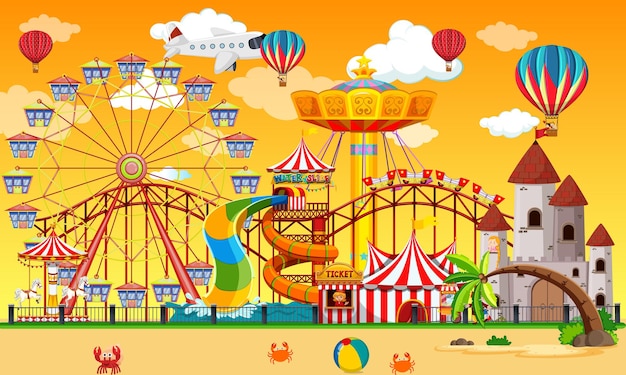 Free vector amusement park scene at daytime with balloons in the sky