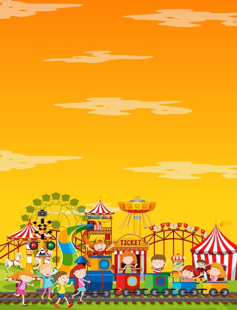 Amusement park scene at daytime with yellow sky