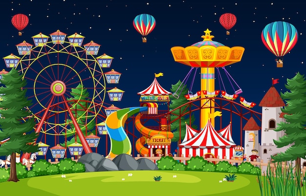 Free vector amusement park scene at night with balloons in the sky