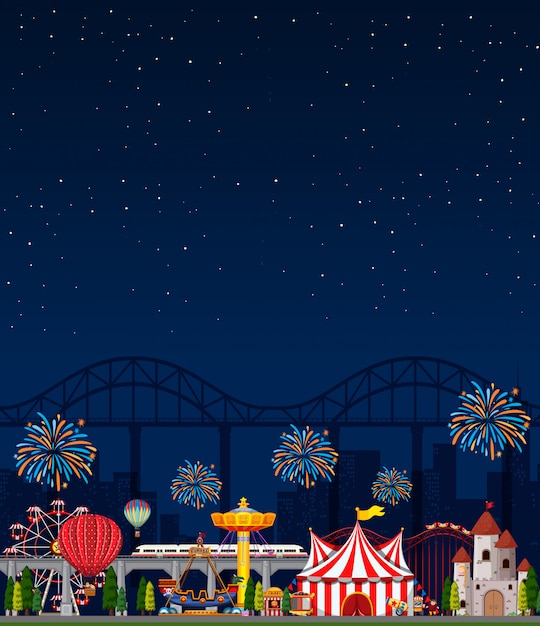 Amusement park scene at night with blank dark blue sky