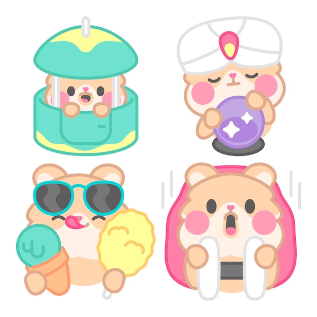 Free vector amusement park stickers collection with kimchi the hamster