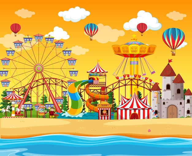 Парк развлечений с пляжной сценой в дневное время с воздушными шарами в небе