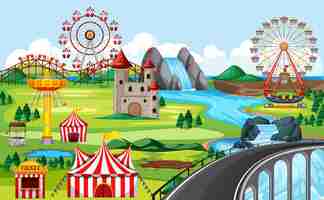 Free vector amusement park with bridge and many rides theme landscape