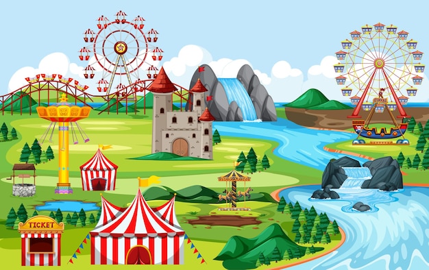 Free vector amusement park with carnivals and many rides landscape scene