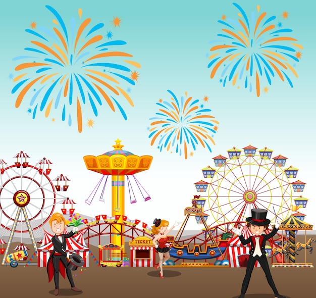 Парк развлечений с цирком, колесом обозрения и фоном пожарных работ