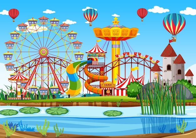 Бесплатное векторное изображение Парк развлечений с болотной сценой в дневное время с воздушными шарами в небе