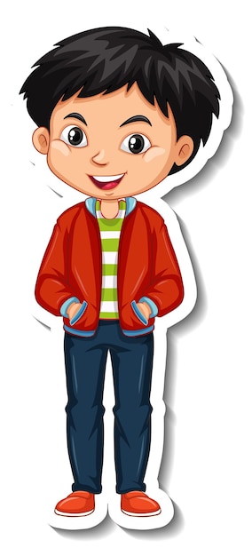 Бесплатное векторное изображение Азиатский мальчик носит красную куртку, наклейку с персонажем мультфильма