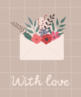 Конверт с цветами и листьями поздравительная открытка с любовью векторная иллюстрация