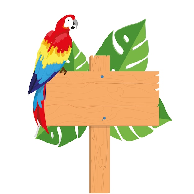 Экзотическая птица, попугай ара, сидит на указателе среди тропической зелени. плакат, место для текста с иллюстрацией в мультяшном стиле. вектор, eps 10. Premium векторы