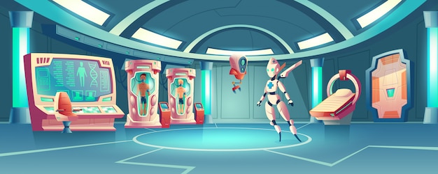 Free vector anabiosis room with medic robot and astronauts