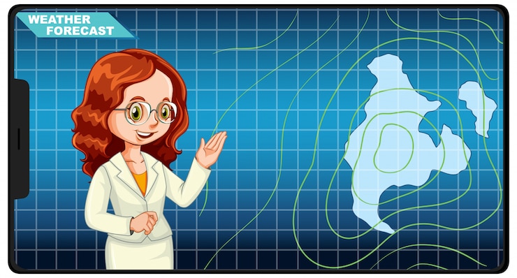 Free Vector anchorman reporting weather forecast on tablet screen 