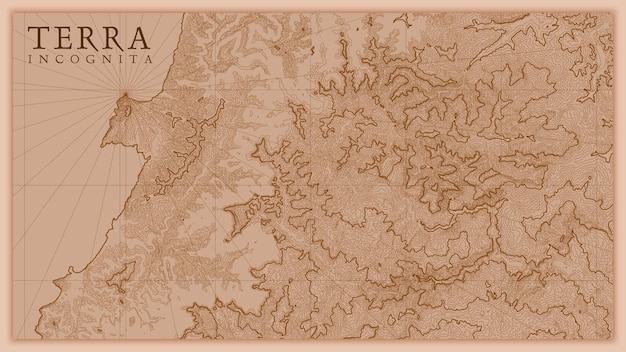 Древняя абстрактная старая карта рельефа земли. Создана концептуальная векторная карта высот фантастического ландшафта.