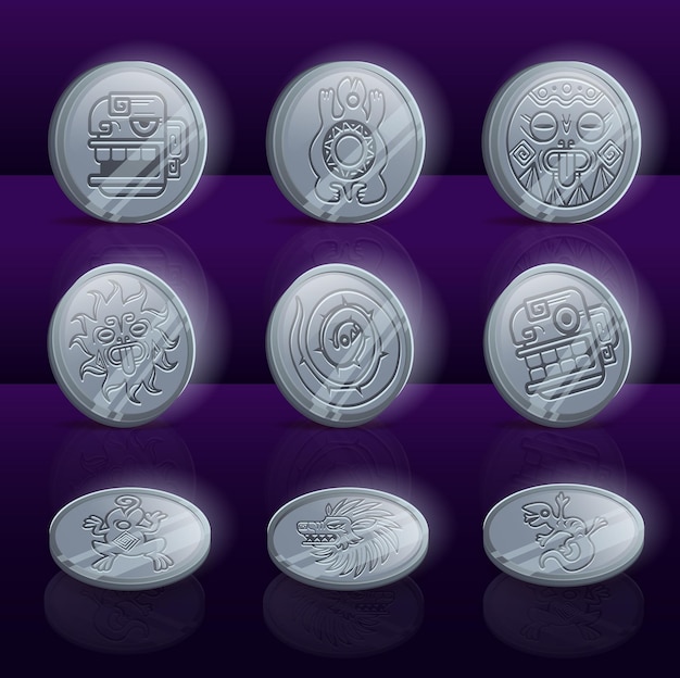 Free Vector  Ancient aztec or mayan silver coins with tribal