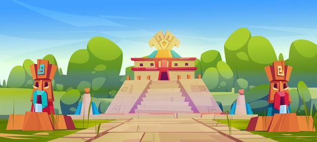 Free vector ancient aztec pyramid temple and statues historical landmarks of mayan civilization vector cartoon illustration of summer landscape with tropical forest and mesoamerican village with ziggurat