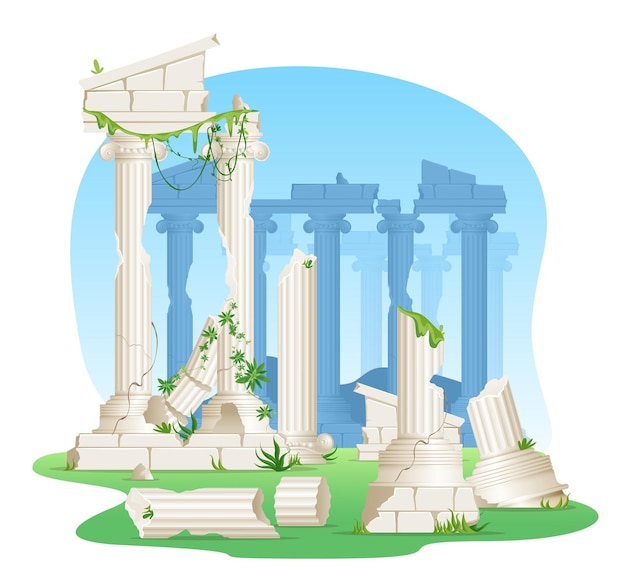 Free vector ancient building ruins with broken ionic marble pillars and climbing plants realistic vector illustration