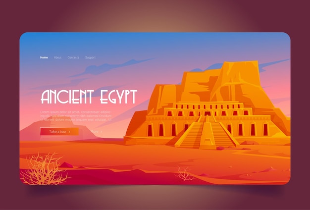 Ancient egypt cartoon landing page, mortuary temple of queen hatshepsut in deir al-bahri, world famous egyptian landmark in desert landscape. tourist attraction architecture building vector web banner