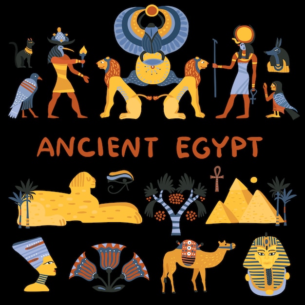 無料ベクター 古代エジプトの装飾的なアイコンを設定