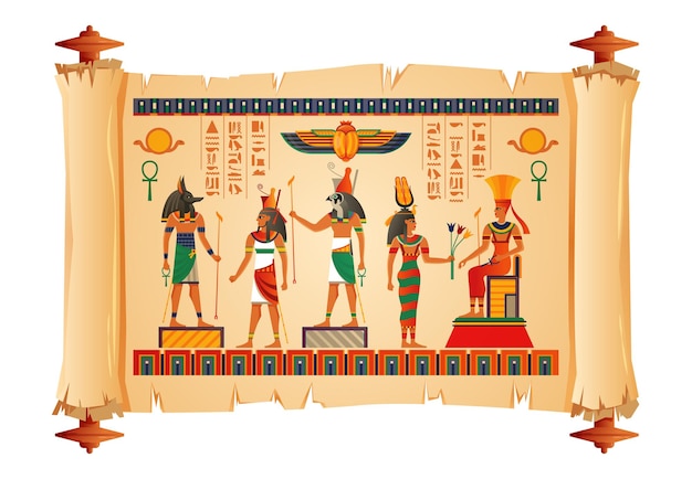 Free vector ancient egypt religion culture history papyrus with main gods images scarab beetle amulet museum exhibit illustration