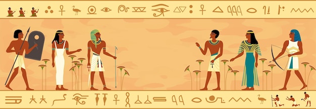 フレームと書かれた象形文字のベクトル図で平らな人間の文字の水平方向のビューと古代エジプト社会の構成