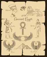 Vettore gratuito simboli dell'antico egitto. sfinge e nefertiti, horus e scarabaeus, religione tradizionale, illustrazione vettoriale