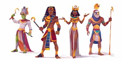 Free vector ancient egyptian god amun, osiris, pharaoh and cleopatra. vector cartoon characters of egypt mythology, king and queen, god with falcon head, horus and amon ra